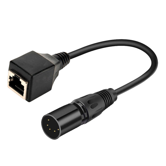 Industrial 5-pin XLR male to RJ45 female Ethernet adapter with a durable black PVC jacket and molded strain relief.