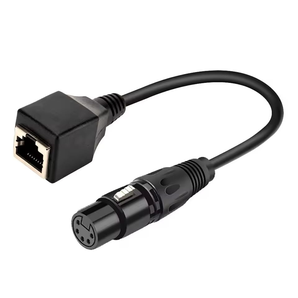 Industrial 5-pin XLR female connector to RJ45 female Ethernet port adapter with molded strain relief.