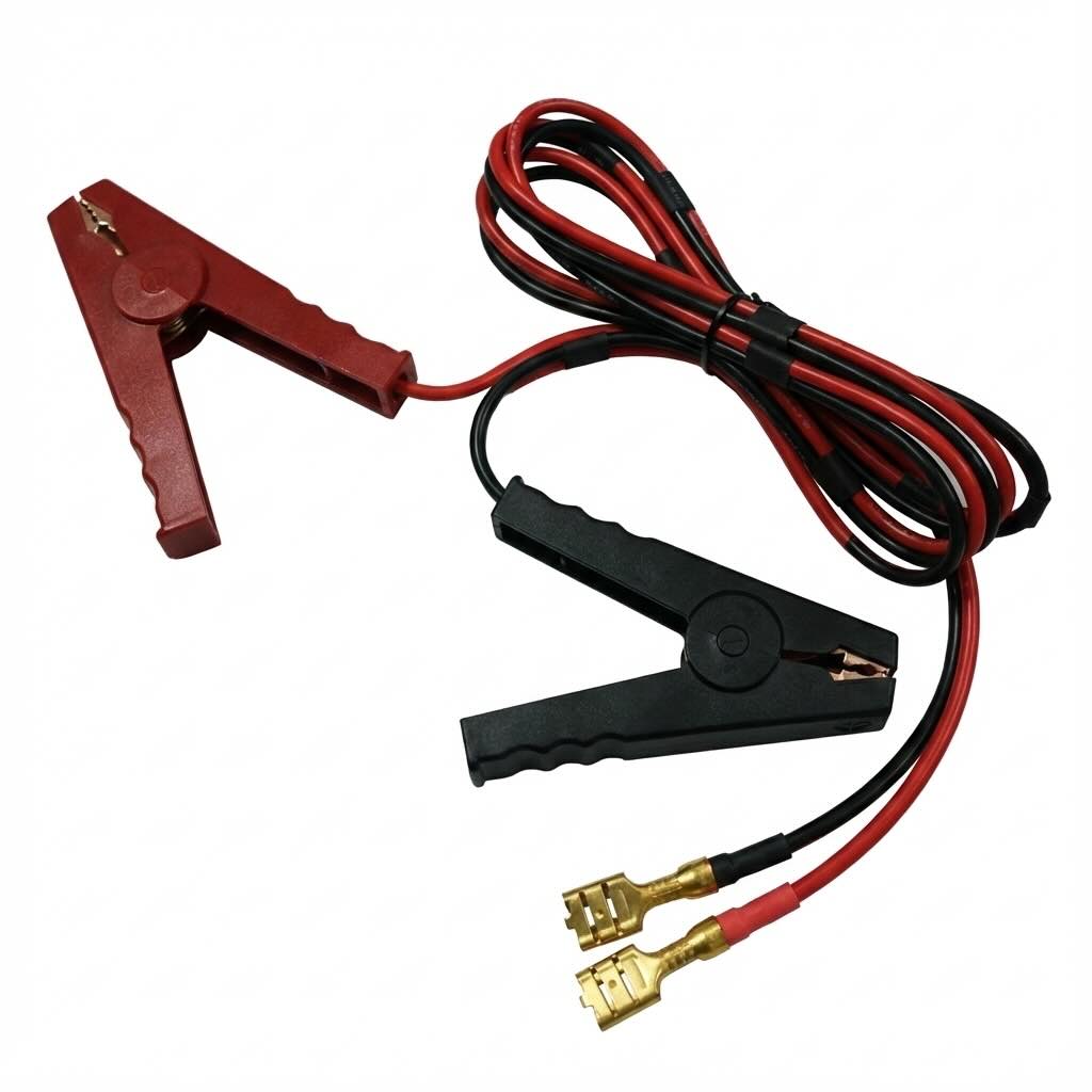 Industrial 5A red and black battery test clamps wired to gold-plated spade terminals.