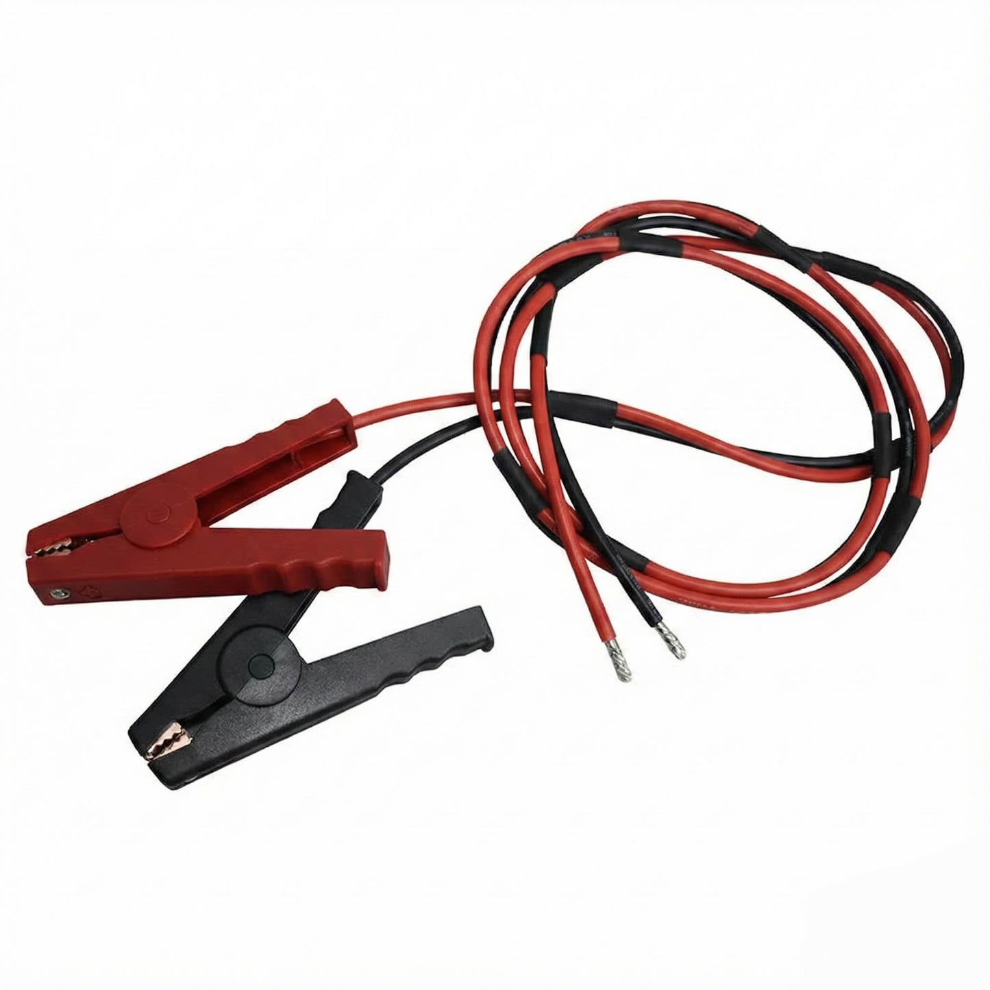 Close-up of copper-jawed power test clamps for custom battery cable assembly.