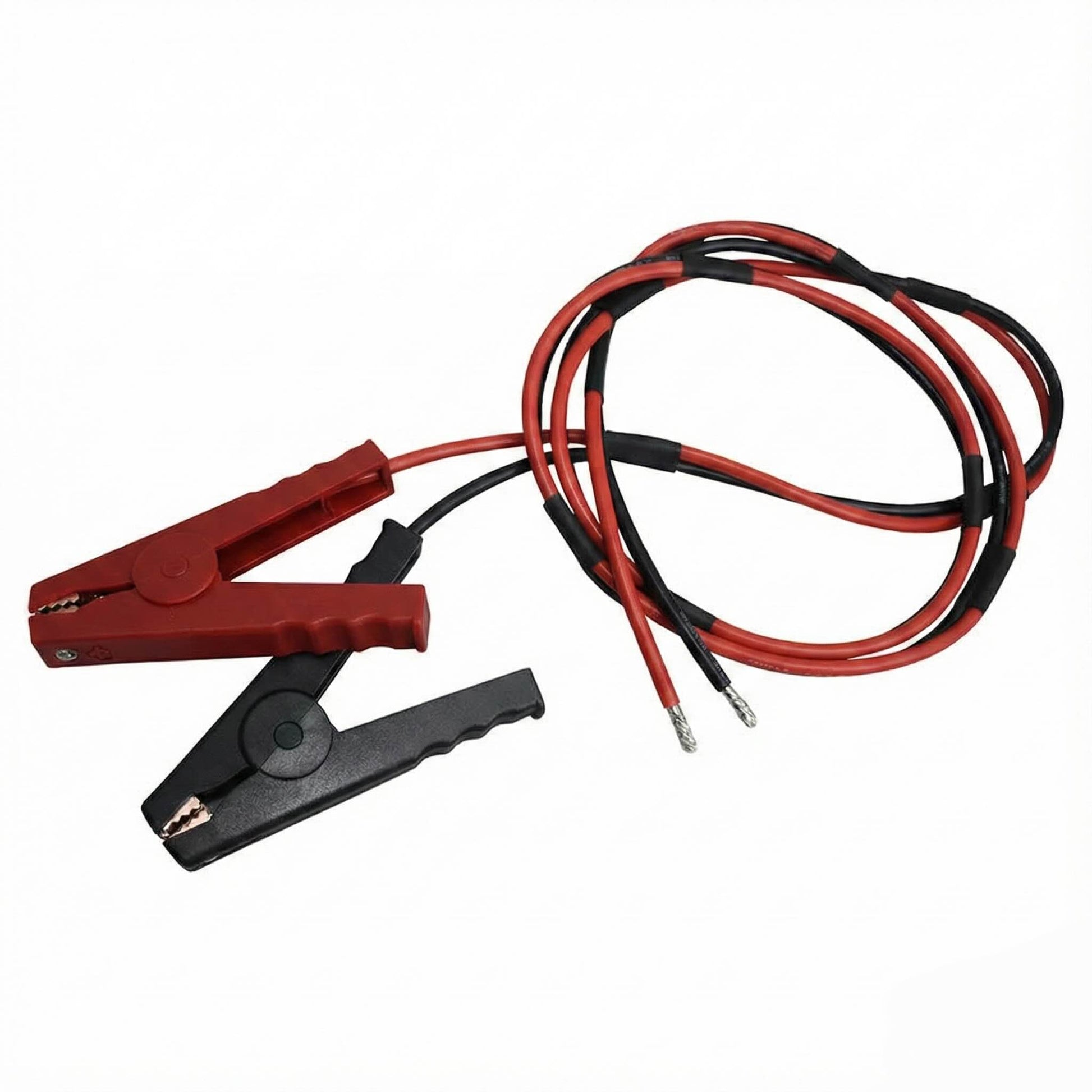 Close-up of copper-jawed power test clamps for custom battery cable assembly.