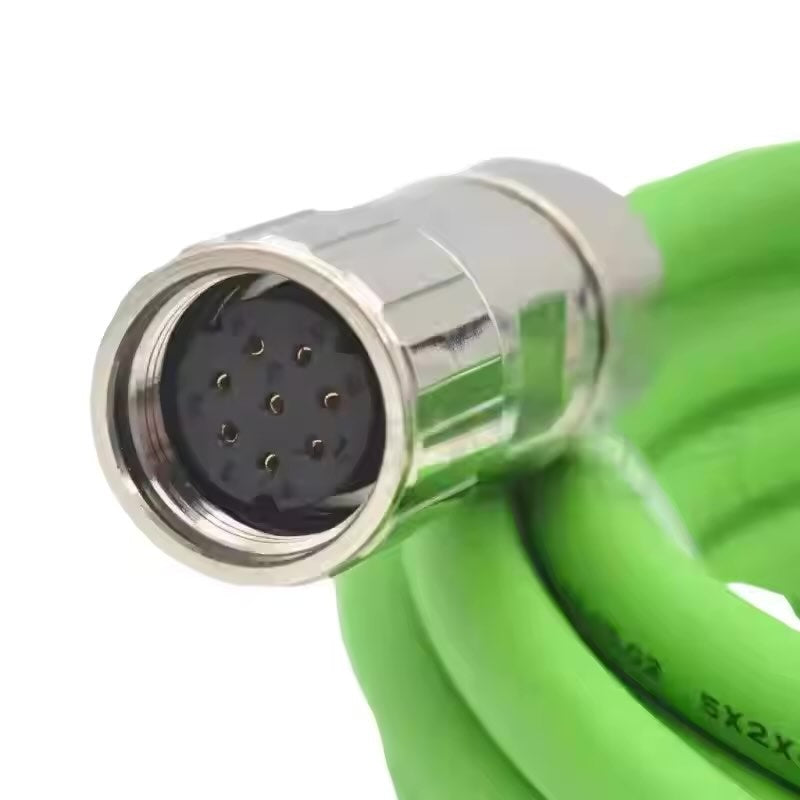 Custom Siemens SINAMICS V90 absolute encoder harness featuring high-flex green jacketing for motion control.