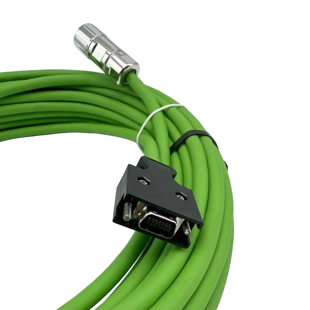 6FX3002-2CT12-1CA0 feedback cable assembly with a metal M12 connector and thumb-screw D-Sub interface.