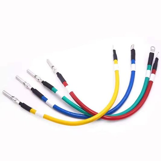 Assorted 6/8/10 AWG tinned copper battery cables with color-coded PVC insulation and ring terminals.
