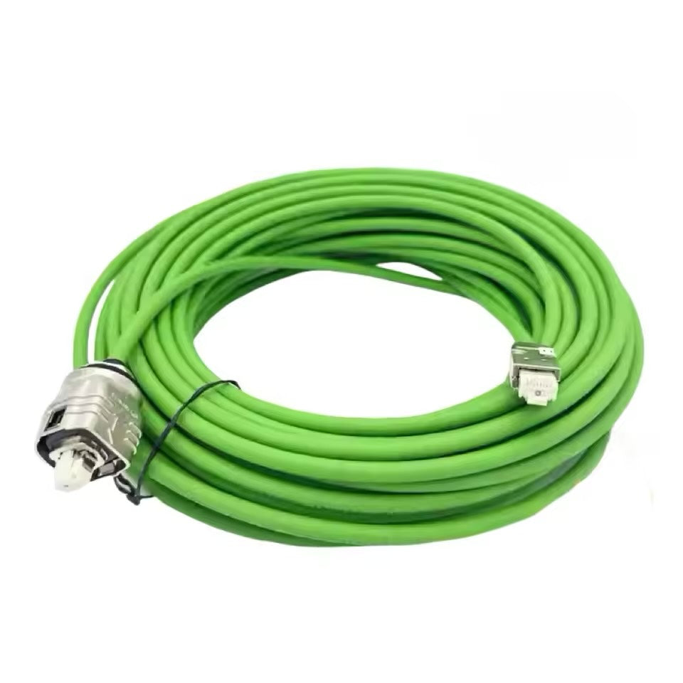 Industrial black encoder cable with a 9-pin D-sub connector and an 8-pin rectangular latching connector.