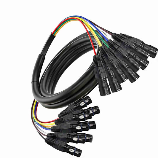 8-channel audio snake cable with color-coded internal wires and 3-pin XLR male and female connectors.