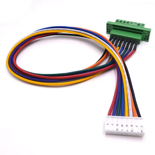 Custom 8 pin wire harness connecting green pluggable terminal block to white PCB connector.