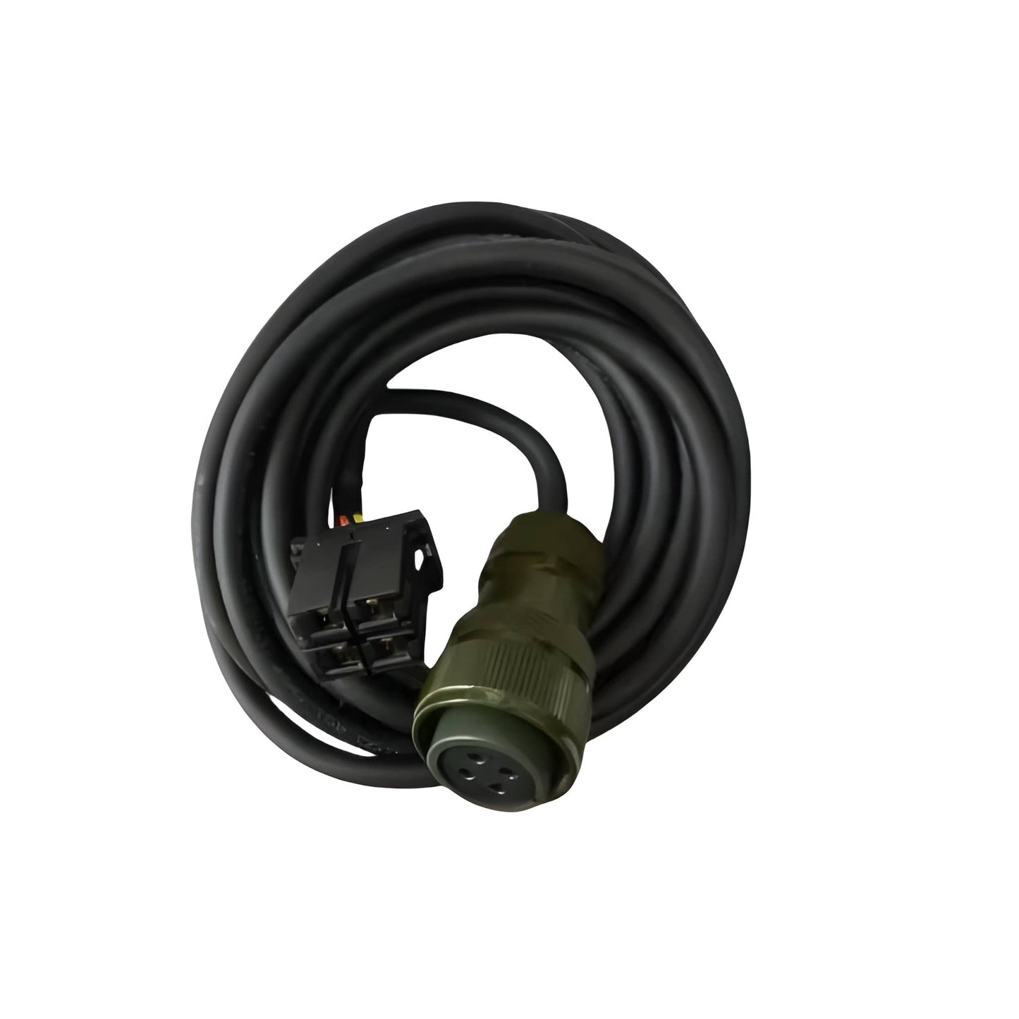 Industrial black high-power servo cable with a 4-pin MIL-spec circular connector and labeled fork terminal leads on a white background.