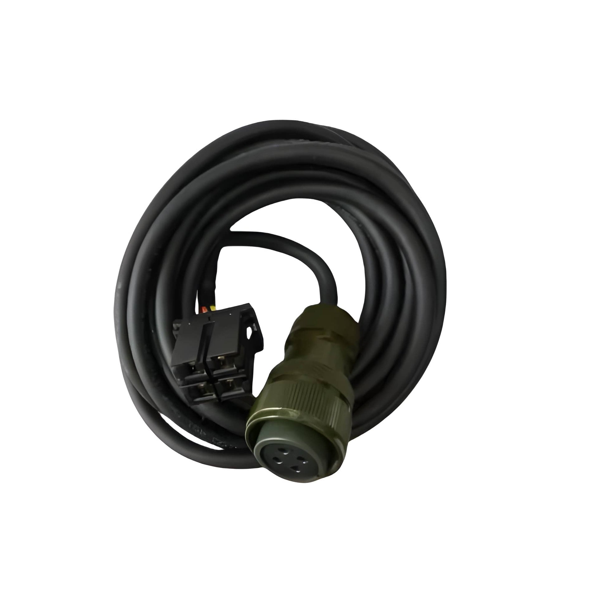 Industrial black high-power servo cable with a 4-pin MIL-spec circular connector and labeled fork terminal leads on a white background.