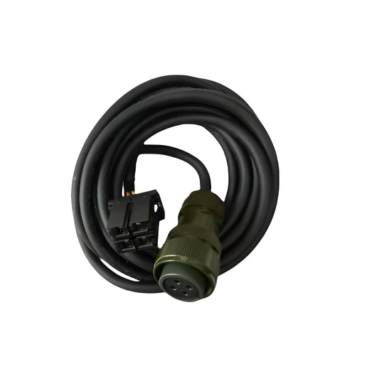 Industrial black high-power servo cable with a 4-pin MIL-spec circular connector and labeled fork terminal leads on a white background.