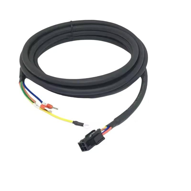 : Industrial black servo power cable with a 4-pin rectangular motor connector and colored fork terminal leads.