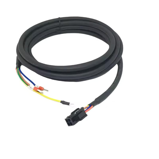 : Industrial black servo power cable with a 4-pin rectangular motor connector and colored fork terminal leads.