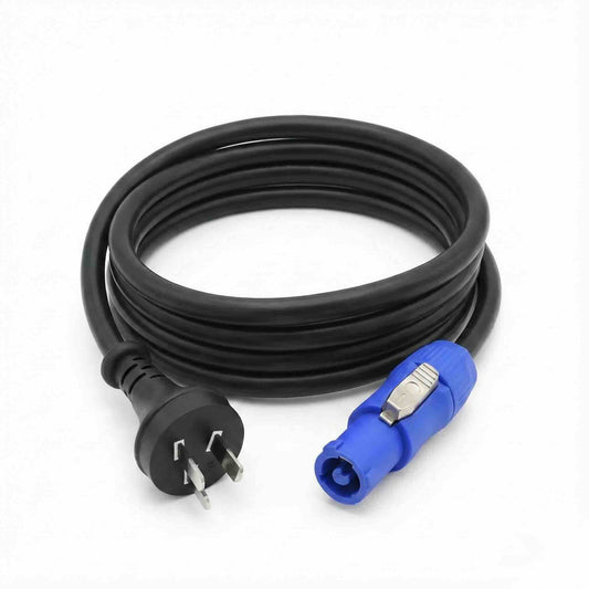 Industrial power cable with a black 3-pin Australian mains plug and a blue NAC3FCA Powercon locking connector.