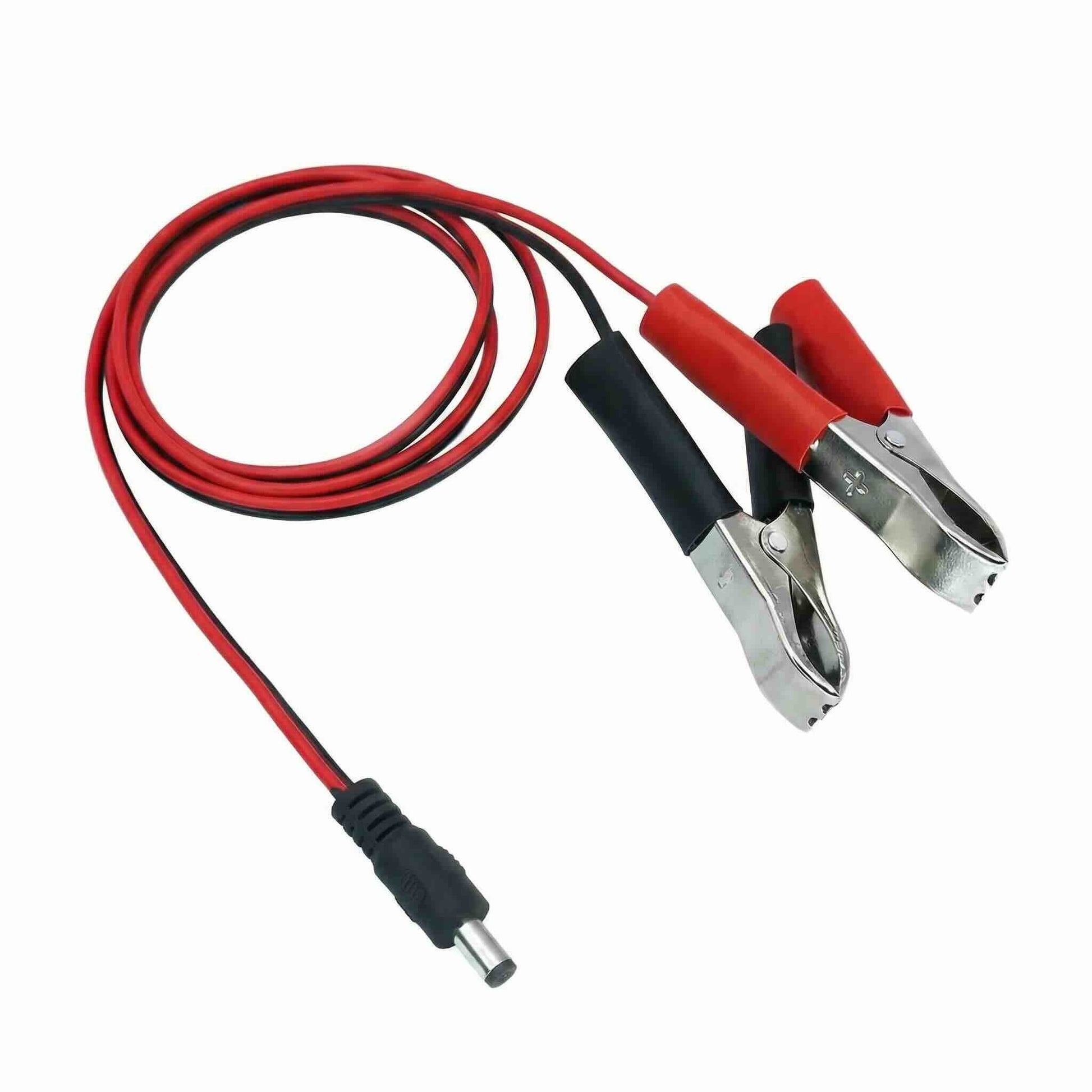 Heavy-duty DC barrel plug to alligator clip lead with a durable black and red jacketed wire for industrial power sources.