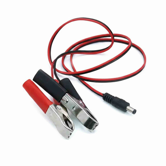 Industrial power cable with red and black insulated alligator clips on one end and a 5.5mm x 2.1mm DC barrel plug on the other.