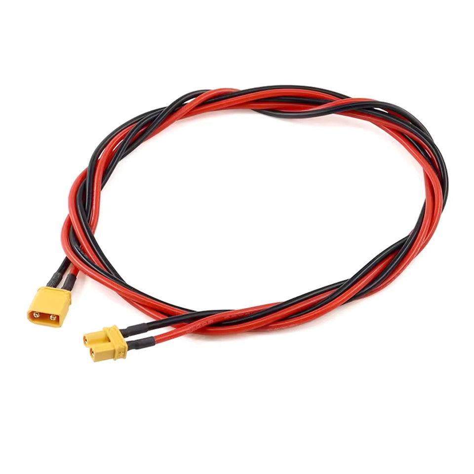 Amass XT30U male and female connector pair wired with red and black silicone leads in dual-core configuration