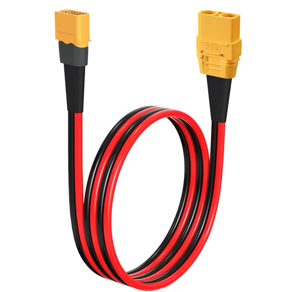 30A XT60 male to 90A XT90 female adapter in 12 AWG silicone wire with gold-plated contacts.