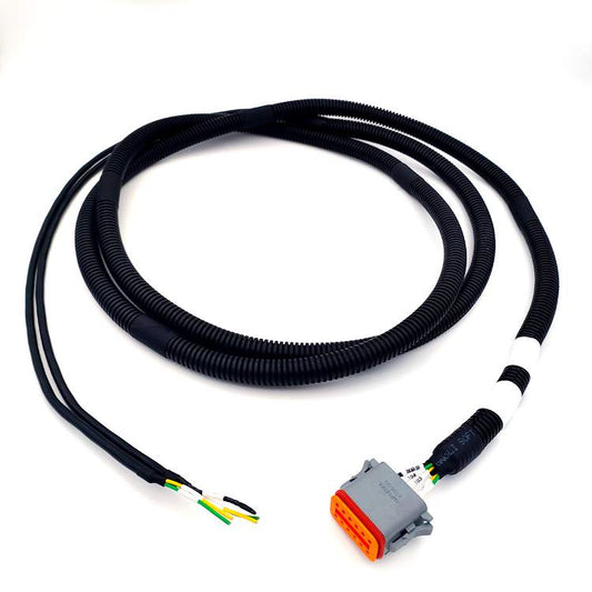 Amphenol AT06-12S 12-pin connector with orange interface and rugged black corrugated protective sleeve.