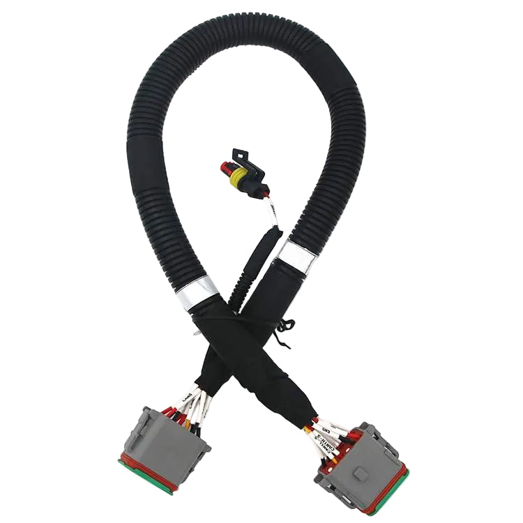 Gray Amphenol AT06-12S 12-pin connector and TE Superseal 282080-1 connector with black corrugated conduit.