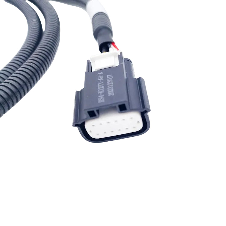 Custom battery management system (BMS) wire harness protected by black corrugated industrial conduit.