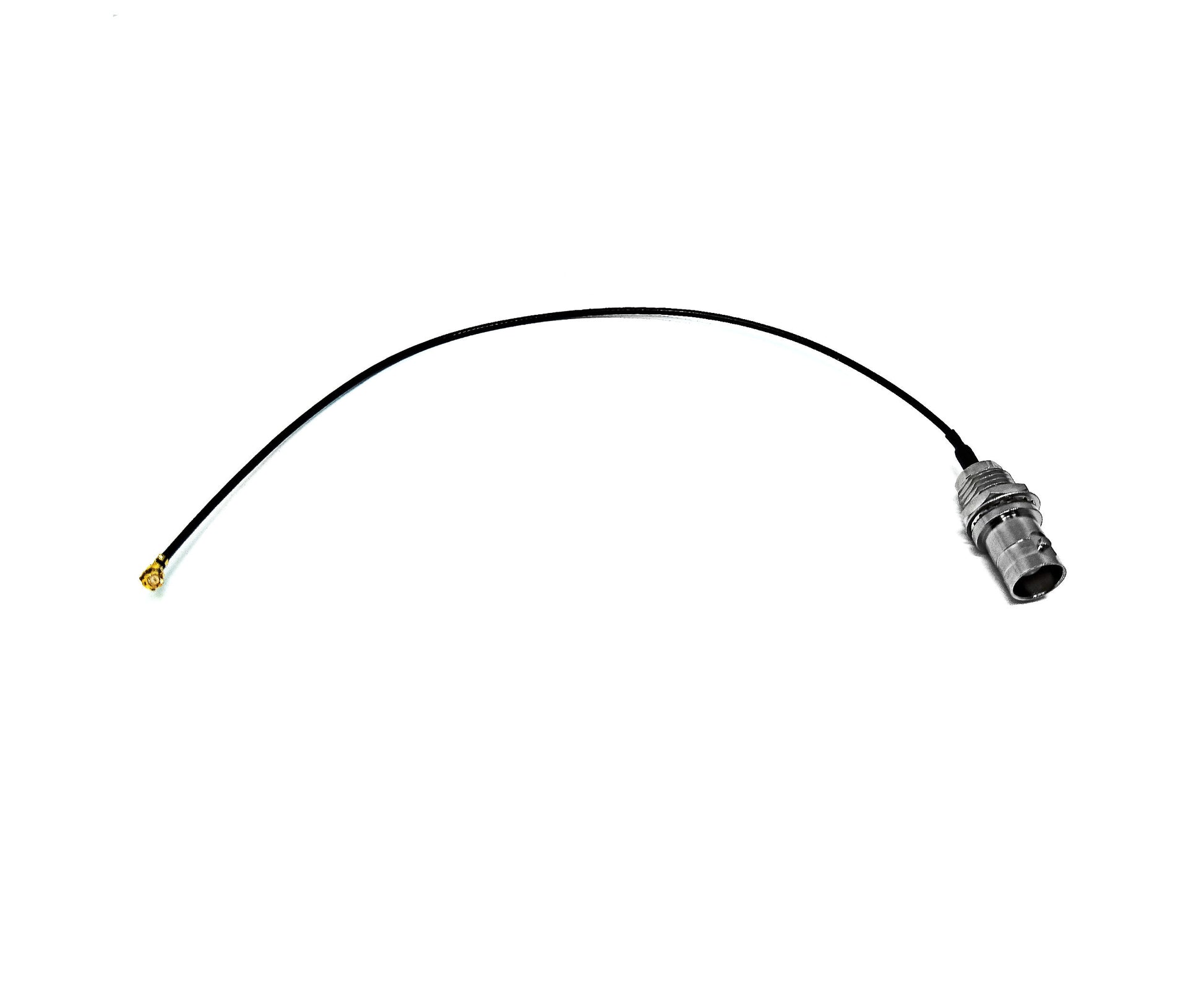 BNC female bulkhead to U.FL 1.37mm low-loss RF coaxial cable assembly, top view