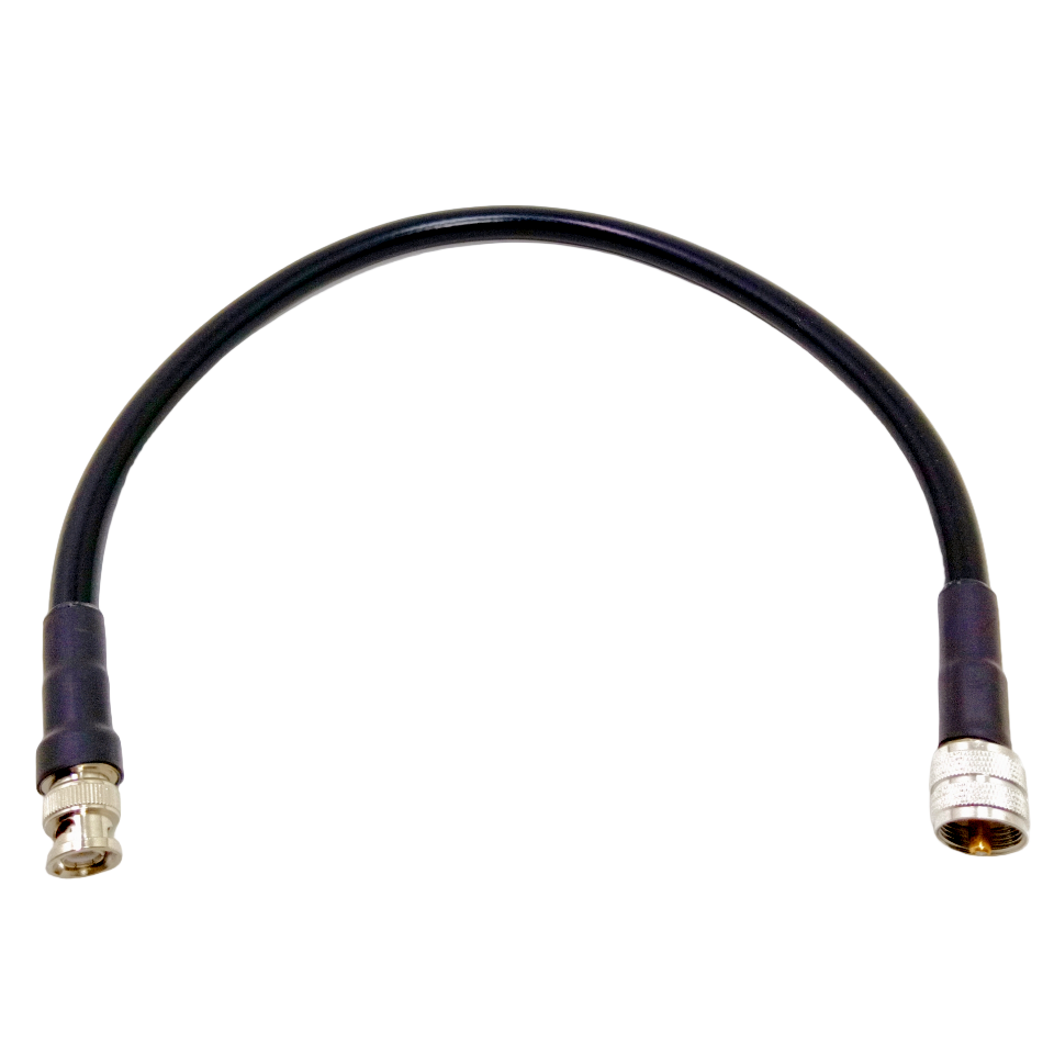 BNC male to UHF PL-259 male LMR400 RF coaxial cable assembly, top view