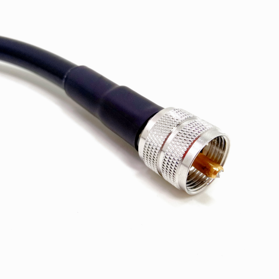 BNC male to UHF PL-259 male LMR400 RF coaxial cable assembly, UHF PL-259 view