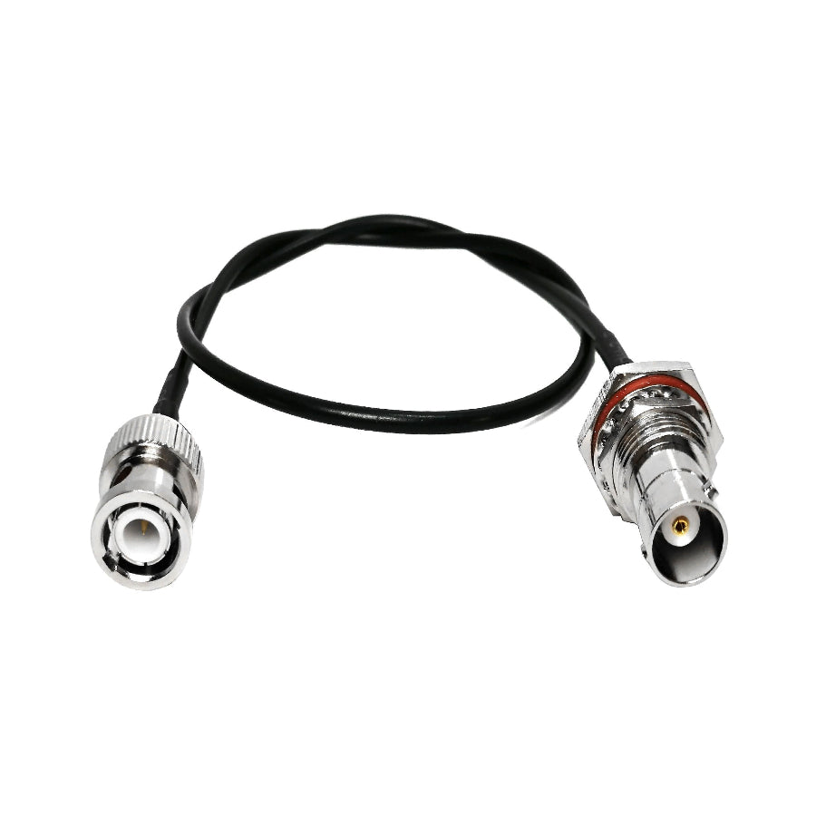 BNC male to BNC female RG174 RF coaxial cable assembly, top view
