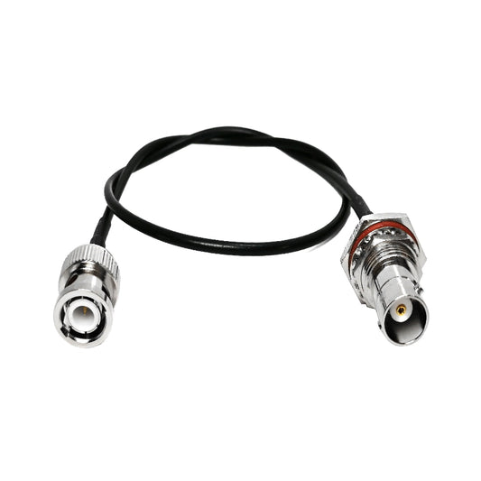 BNC male to BNC female RG174 RF coaxial cable assembly, top view