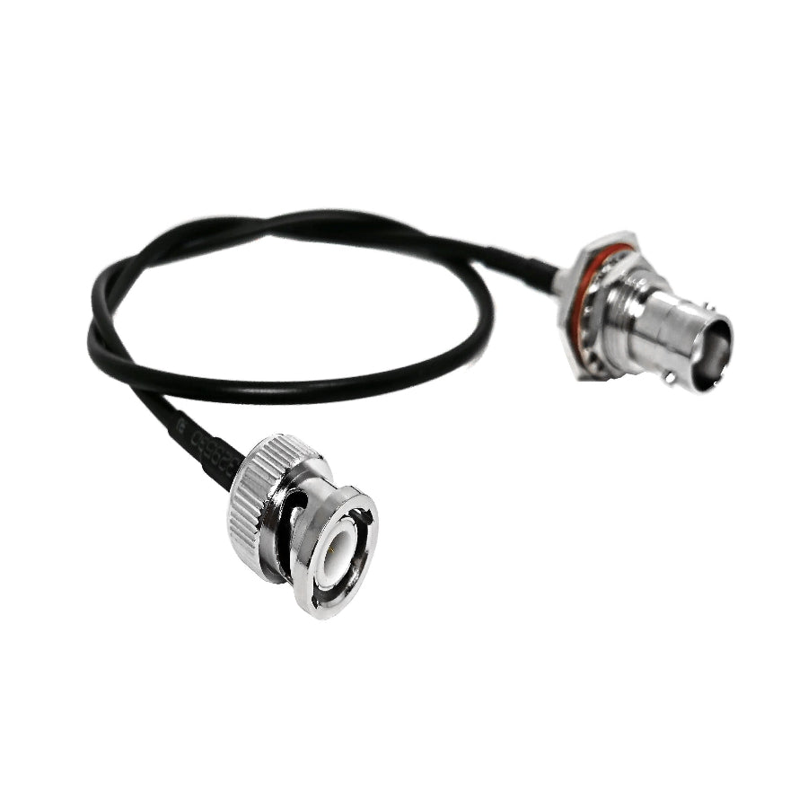 BNC male to BNC female RG174 RF coaxial cable assembly, side view