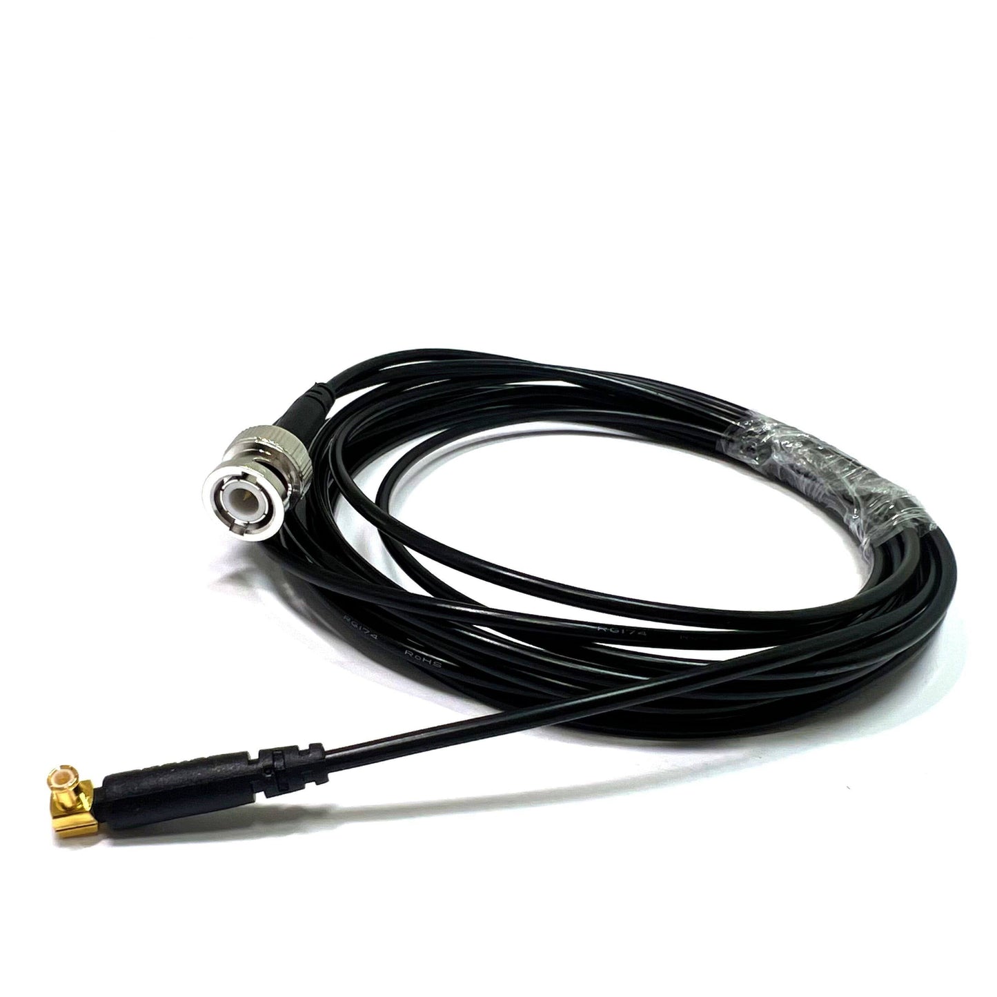 BNC male to MCX male right-angle RG174 RF coaxial cable assembly, top view