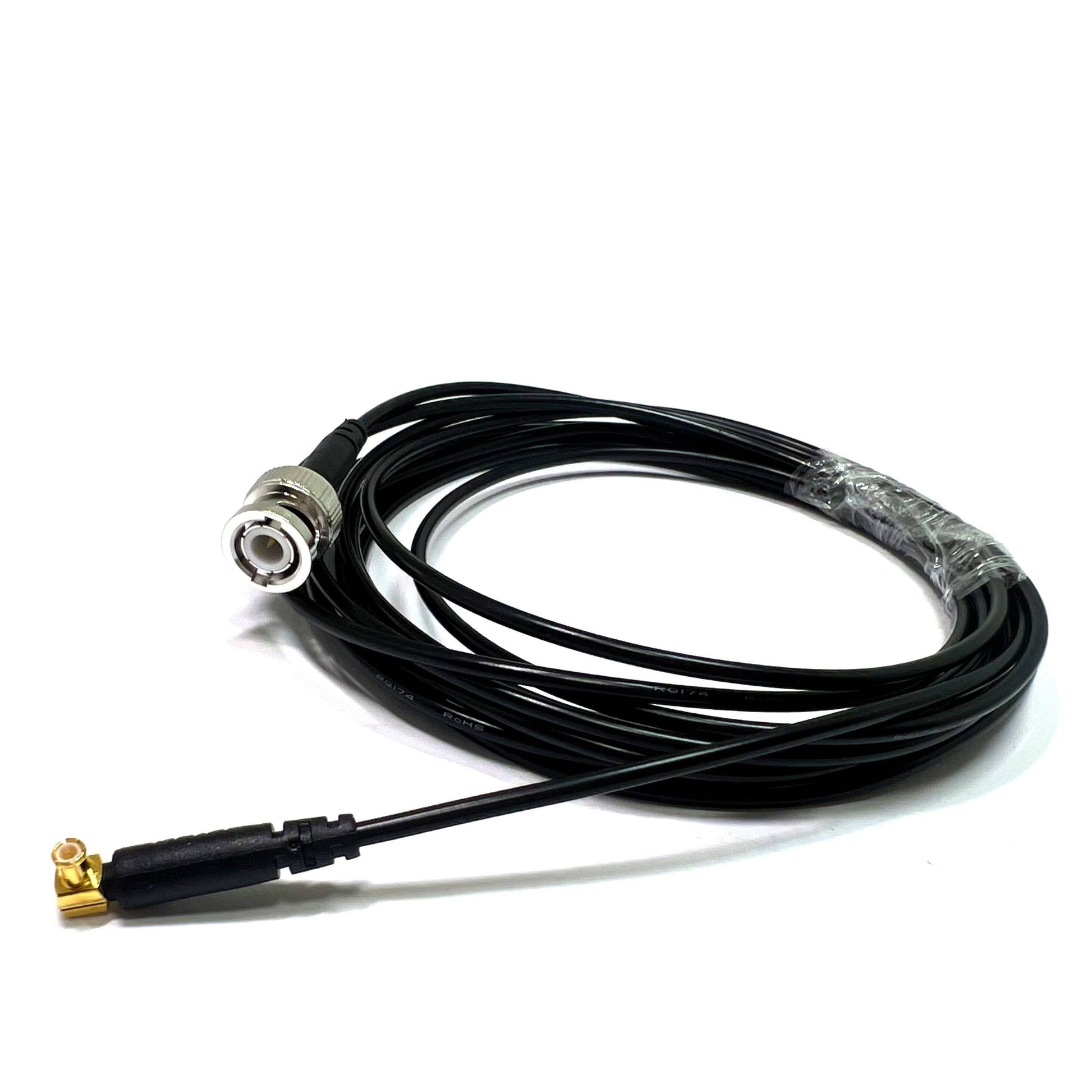 BNC male to MCX male right-angle RG174 RF coaxial cable assembly, top view