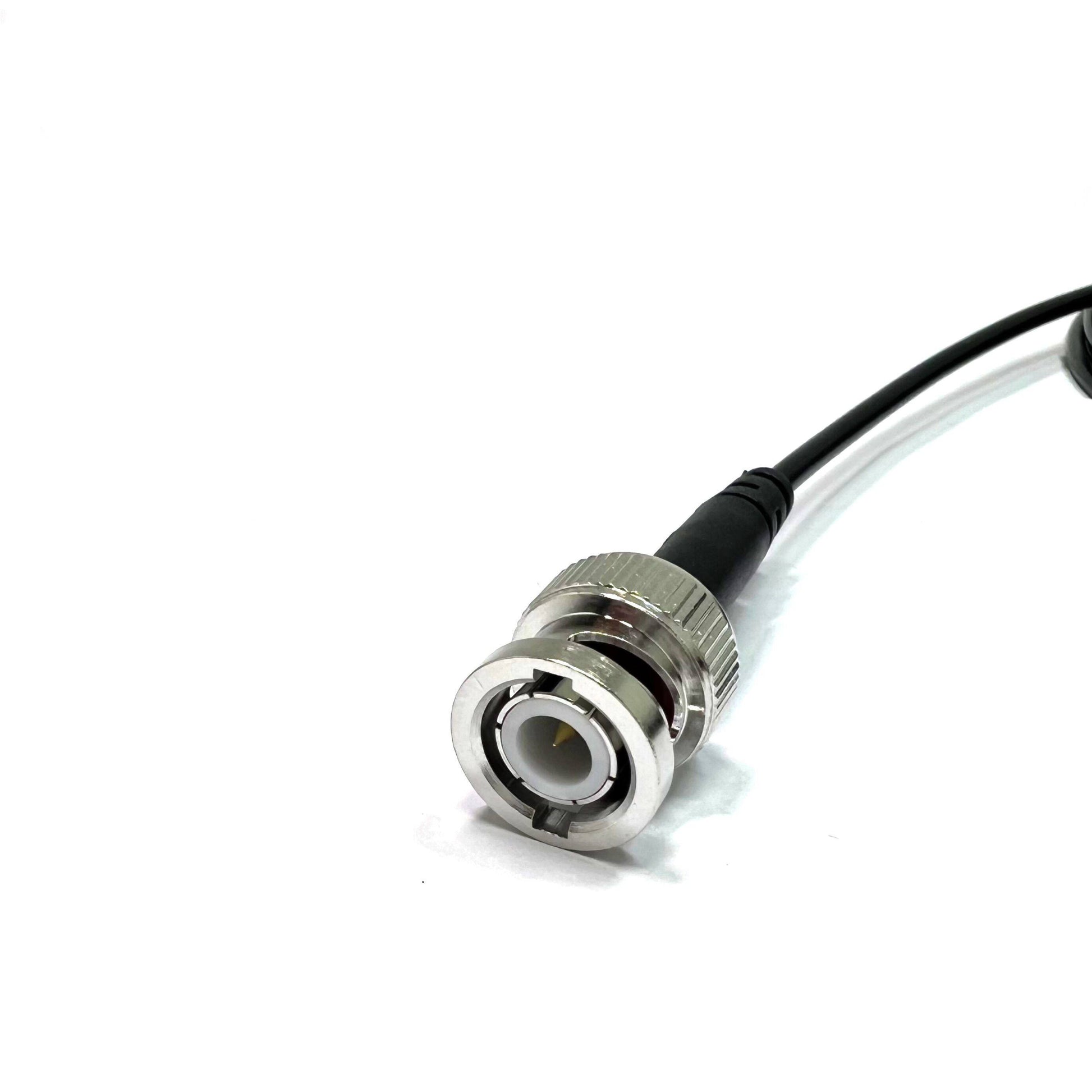 BNC male to MCX male right-angle RG174 RF coaxial cable assembly, BNC male plug view