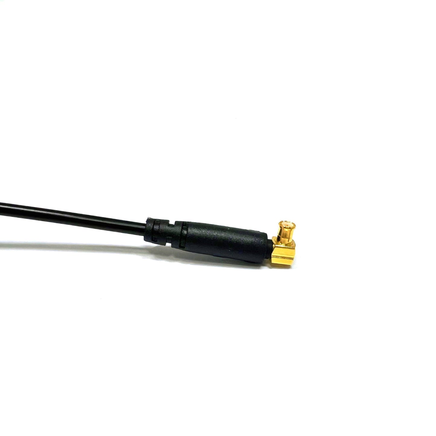 BNC male to MCX male right-angle RG174 RF coaxial cable assembly, MCX male plug view
