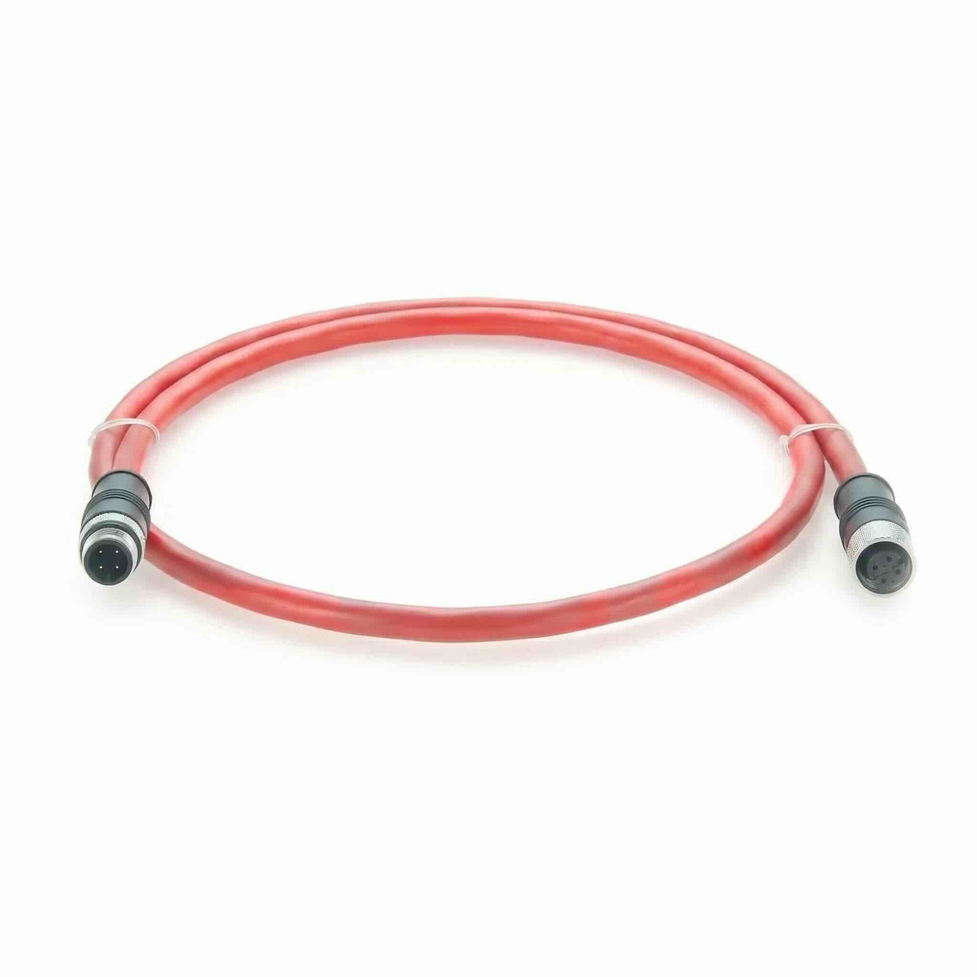 Red CC-Link M12 4-pin A-coded male to female circular connector extension cable on a white background.