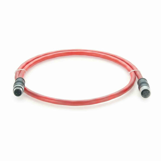 Red CC-Link M12 4-pin A-coded male to female circular connector extension cable on a white background.