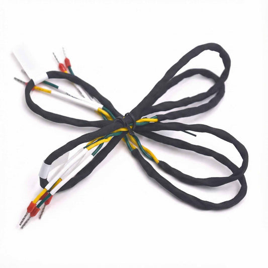 Custom wire harness with E0508 and E7508 insulated cord end sleeves made in Taiwan.