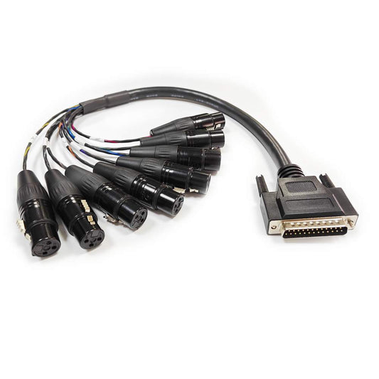 8-channel analog audio snake featuring a DB25 male connector breaking out to eight 3-pin XLR female connectors.