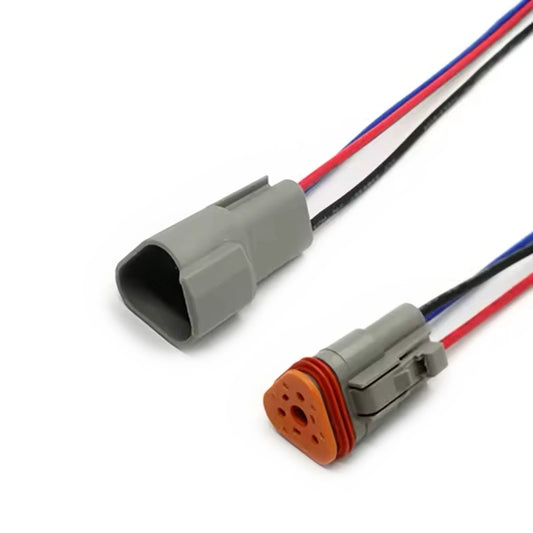 Deutsch DT04-3P receptacle mated to DT06-3S plug, 3-pin sealed wire harness