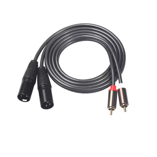 Dual 3-pin XLR male to dual gold-plated RCA male stereo audio cable with a durable black shielded jacket.