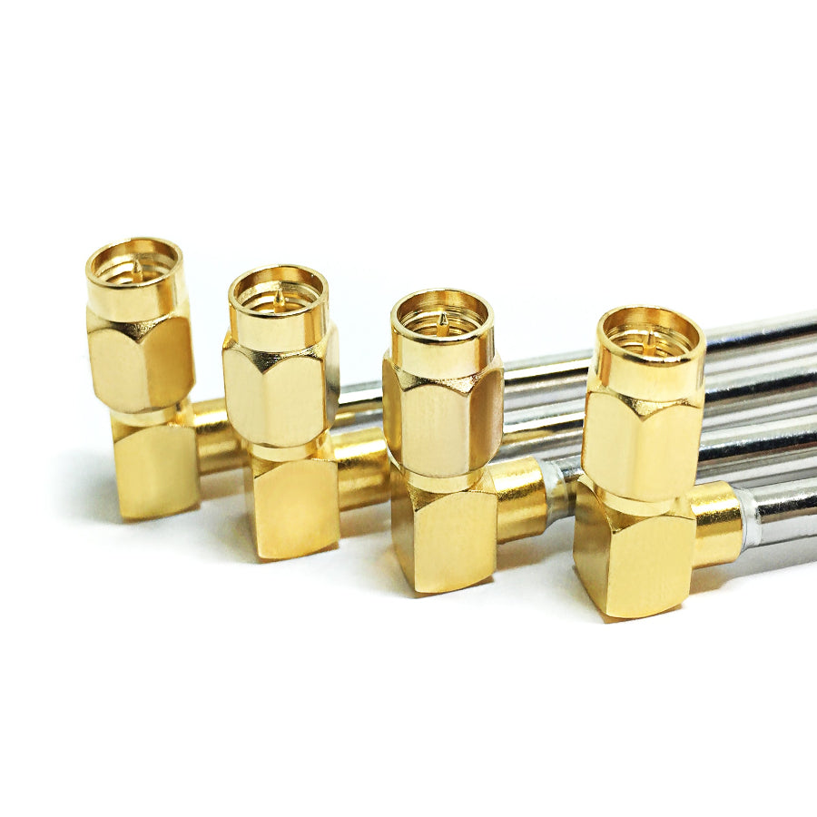 Dual SMA right angle male RG450 RF coaxial cable assembly, side view