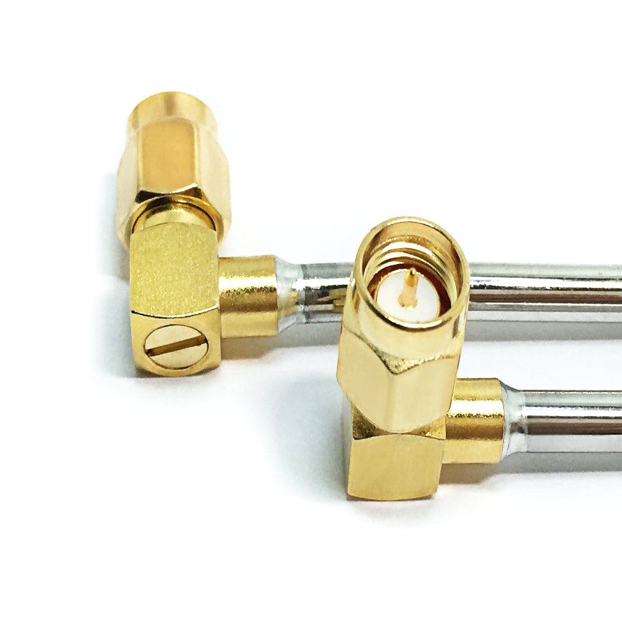 Dual SMA right angle male RG450 RF coaxial cable assembly, plug view