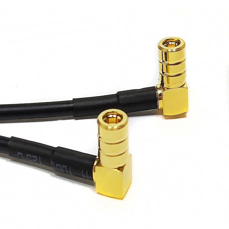 Dual SMB female right-angle RG174 RF coaxial cable assembly, SMB female right-angle view