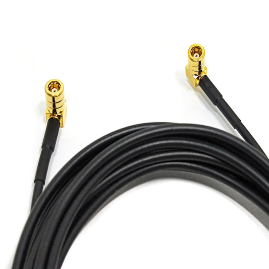 Dual SMB female right-angle RG174 RF coaxial cable assembly, top view