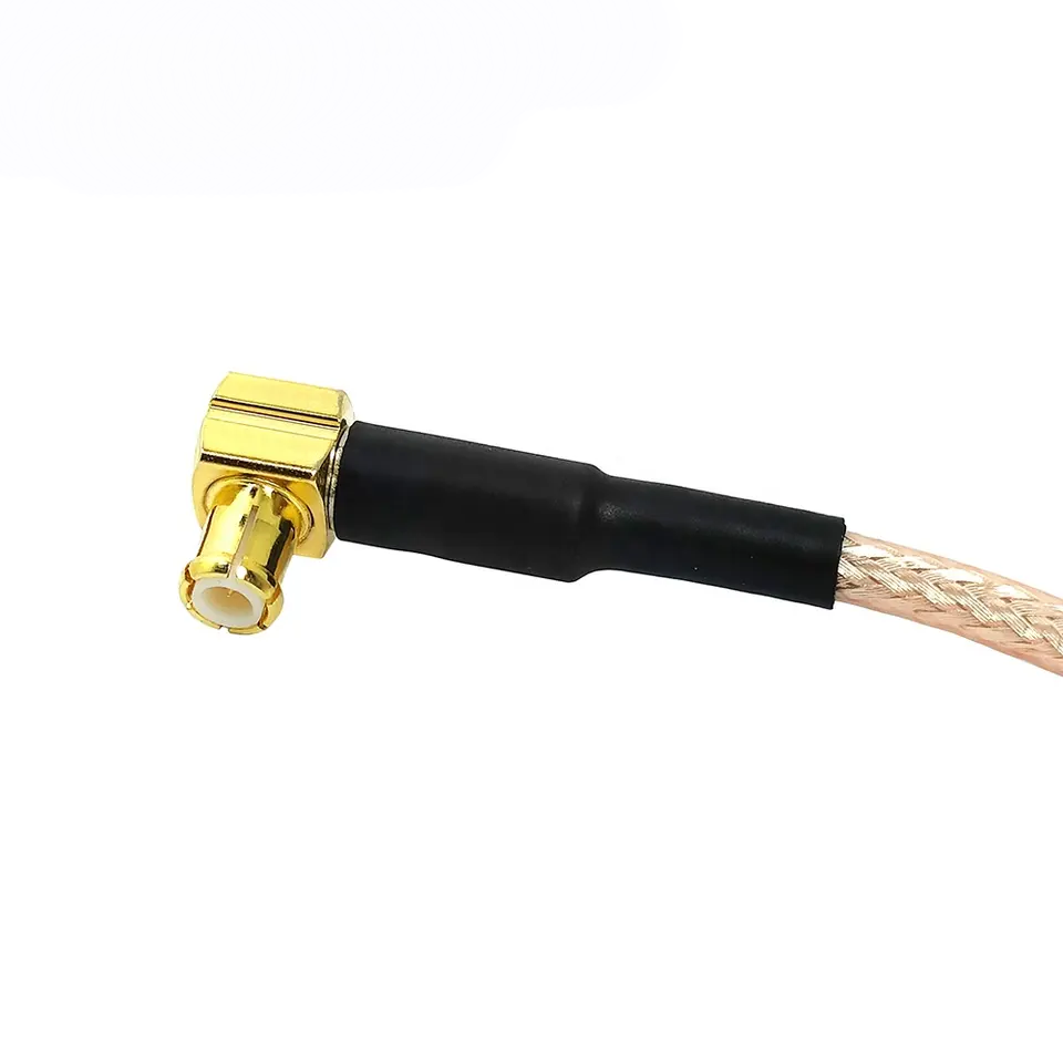 FME male to MCX male right-angle RG316 RF coaxial cable assembly, FME male plug view