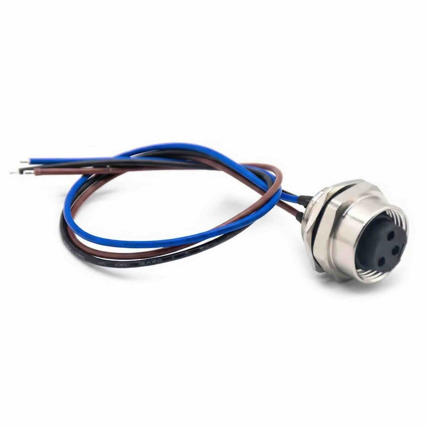 Industrial 7/8 inch 3-pin female panel mount circular connector with silver metal housing and three discrete wire leads.