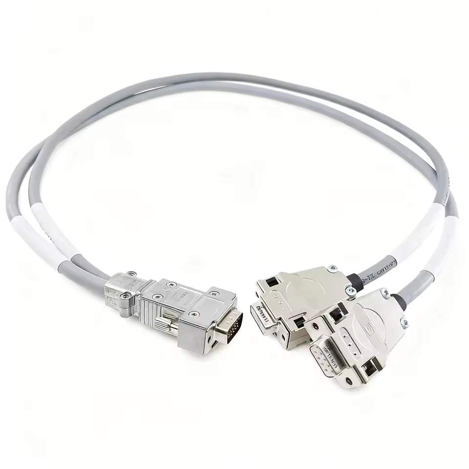 Professional HDB15 male to dual DB9 male and female Y-split encoder cable assembly with industrial grey shielding.