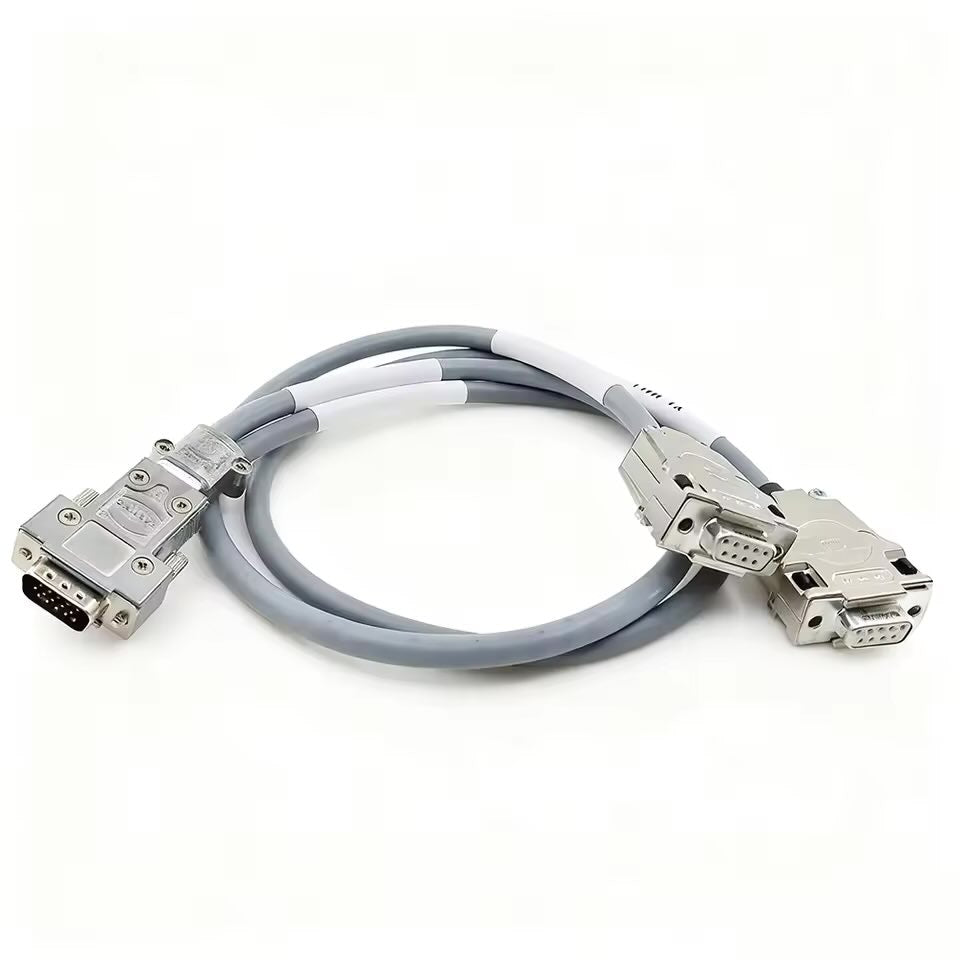 Custom industrial wire harness showing HDB15 to DB9 connectivity with white cable identification sleeves for automation systems.