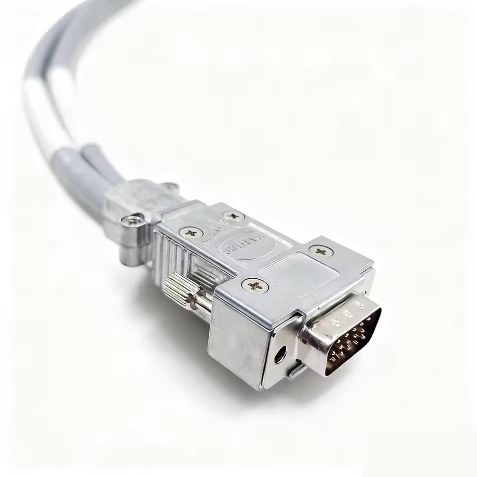 Heavy-duty metal shell HDB15 high-density connector with securing thumbscrews for IP67-rated industrial cable assemblies.