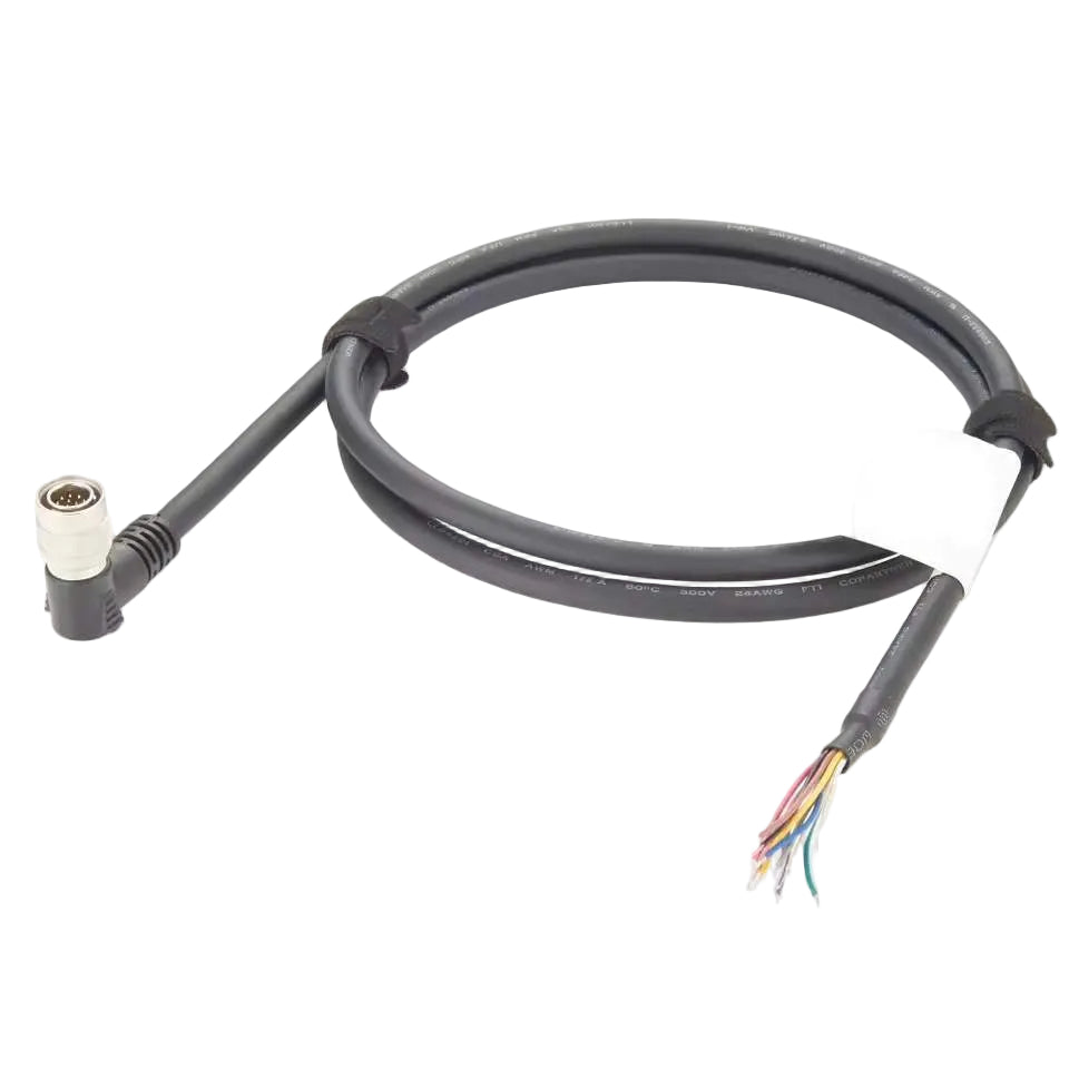 Hirose HR10A-10P-12P 12-pin male right-angle circular connector on a black high-flex cable with color-coded flying leads.